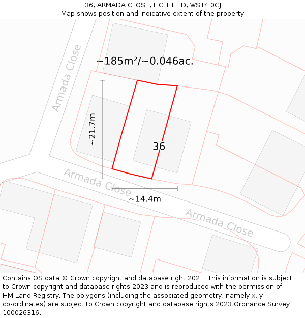 36, ARMADA CLOSE, LICHFIELD, WS14 0GJ: Plot and title map