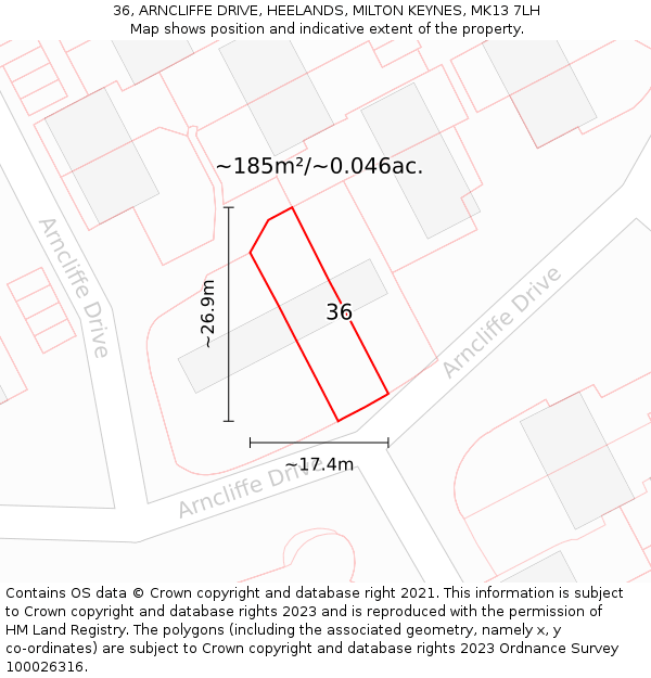 36, ARNCLIFFE DRIVE, HEELANDS, MILTON KEYNES, MK13 7LH: Plot and title map