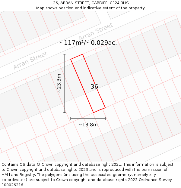 36, ARRAN STREET, CARDIFF, CF24 3HS: Plot and title map