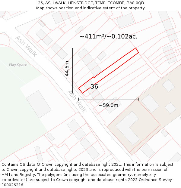 36, ASH WALK, HENSTRIDGE, TEMPLECOMBE, BA8 0QB: Plot and title map