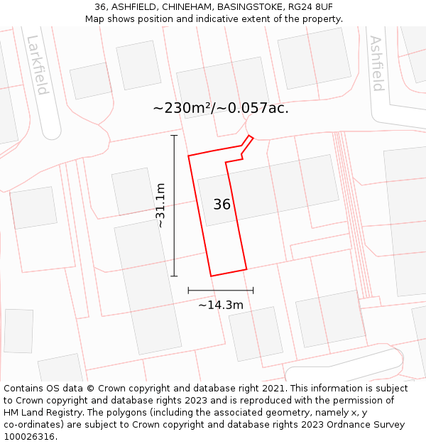 36, ASHFIELD, CHINEHAM, BASINGSTOKE, RG24 8UF: Plot and title map