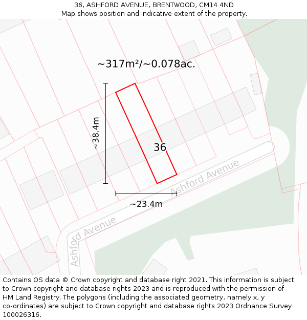 36, ASHFORD AVENUE, BRENTWOOD, CM14 4ND: Plot and title map
