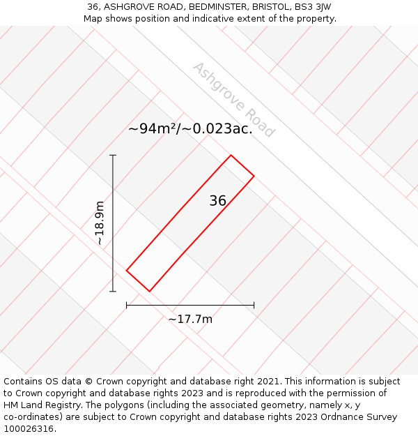 36, ASHGROVE ROAD, BEDMINSTER, BRISTOL, BS3 3JW: Plot and title map