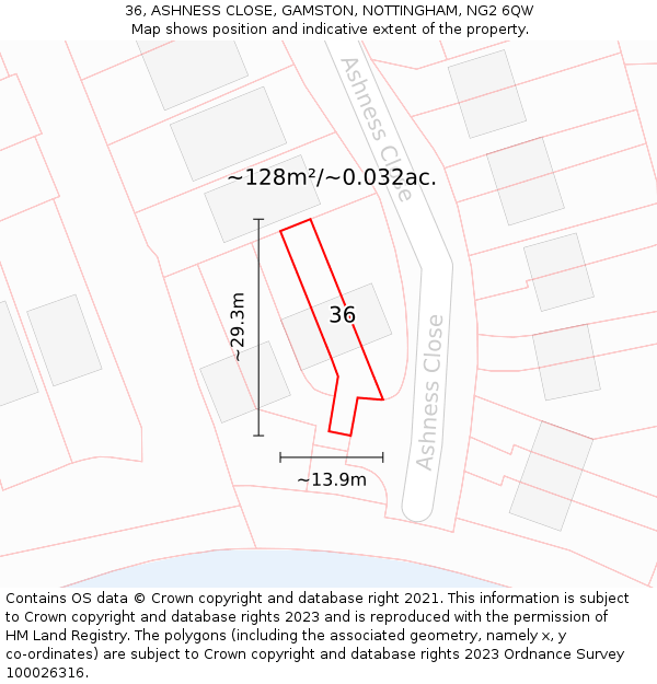 36, ASHNESS CLOSE, GAMSTON, NOTTINGHAM, NG2 6QW: Plot and title map