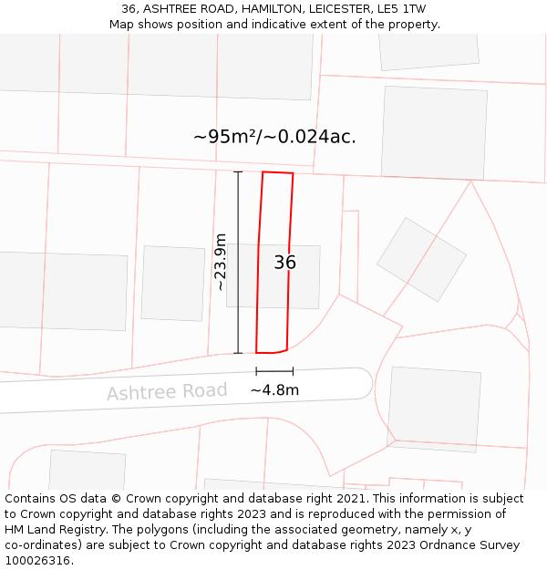 36, ASHTREE ROAD, HAMILTON, LEICESTER, LE5 1TW: Plot and title map