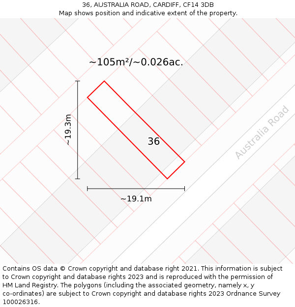 36, AUSTRALIA ROAD, CARDIFF, CF14 3DB: Plot and title map