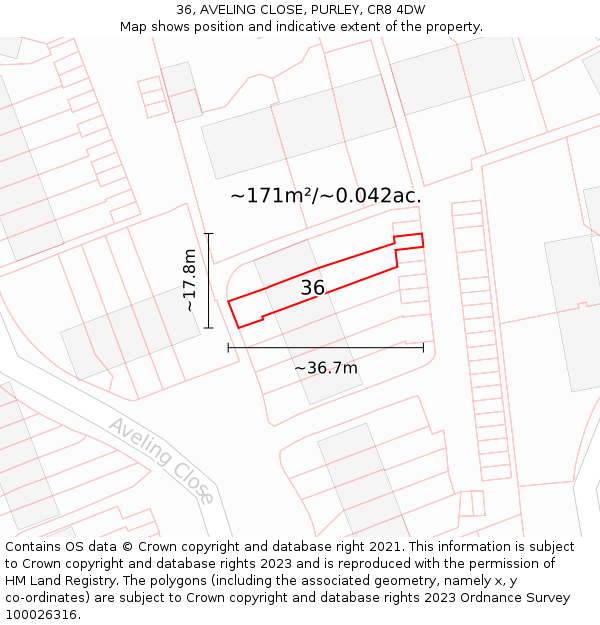 36, AVELING CLOSE, PURLEY, CR8 4DW: Plot and title map