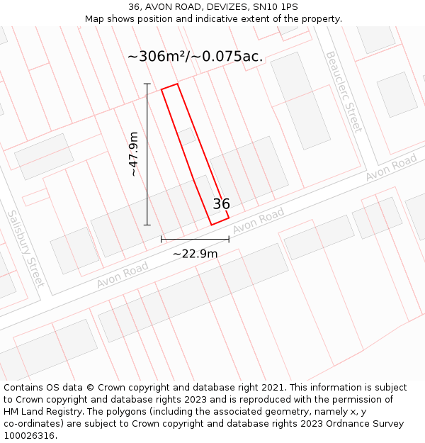 36, AVON ROAD, DEVIZES, SN10 1PS: Plot and title map
