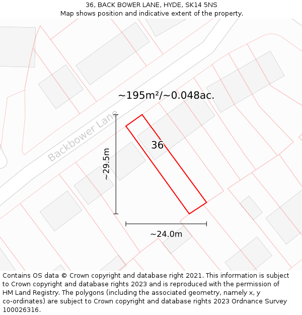 36, BACK BOWER LANE, HYDE, SK14 5NS: Plot and title map