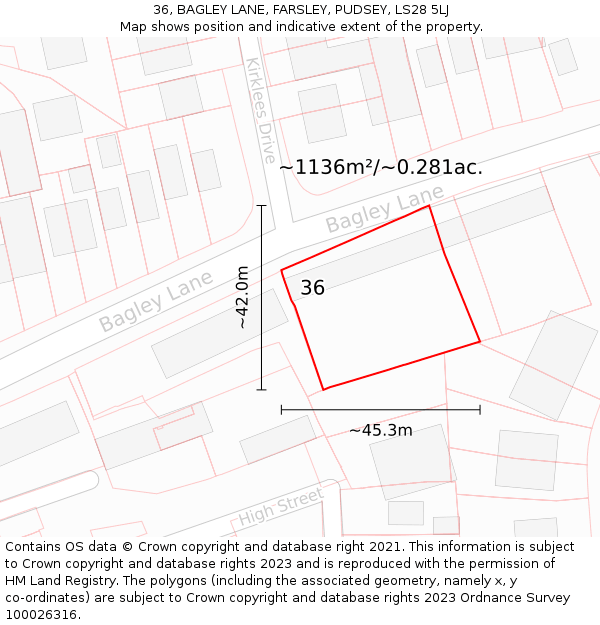 36, BAGLEY LANE, FARSLEY, PUDSEY, LS28 5LJ: Plot and title map
