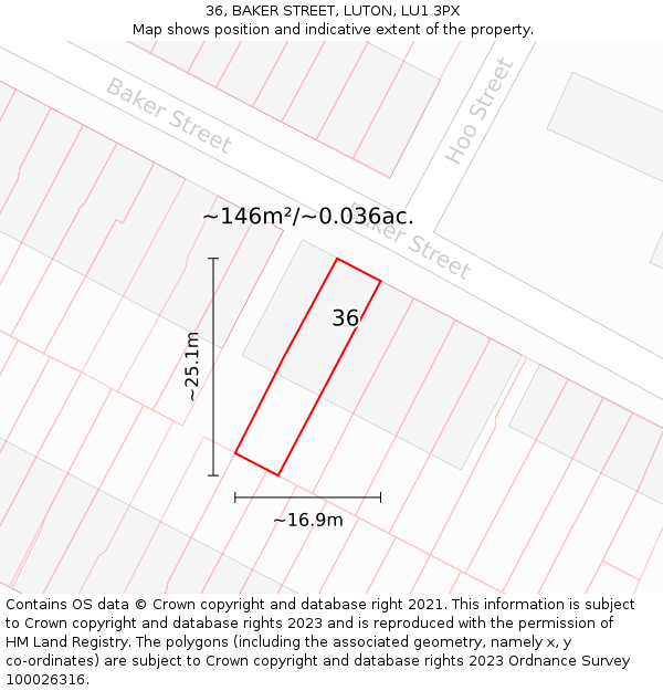 36, BAKER STREET, LUTON, LU1 3PX: Plot and title map