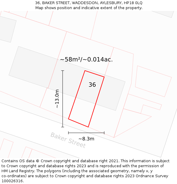 36, BAKER STREET, WADDESDON, AYLESBURY, HP18 0LQ: Plot and title map