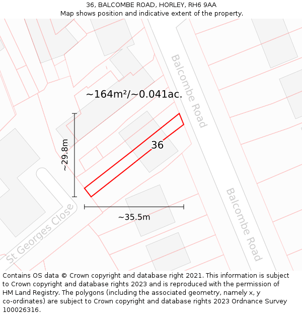 36, BALCOMBE ROAD, HORLEY, RH6 9AA: Plot and title map