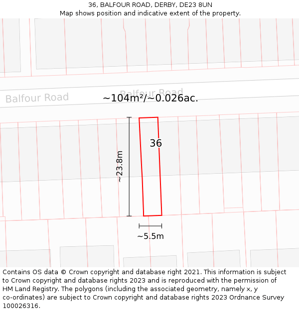 36, BALFOUR ROAD, DERBY, DE23 8UN: Plot and title map