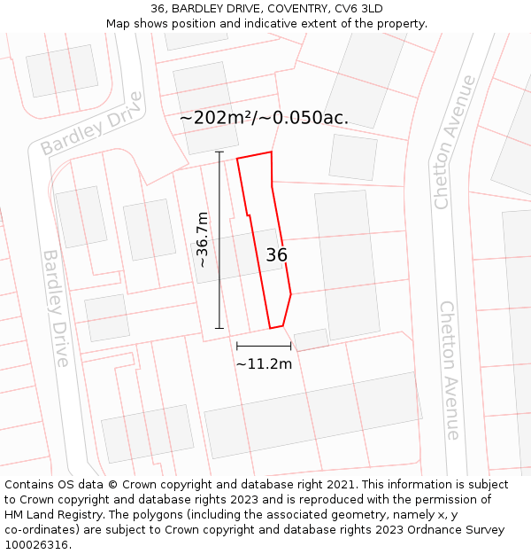 36, BARDLEY DRIVE, COVENTRY, CV6 3LD: Plot and title map