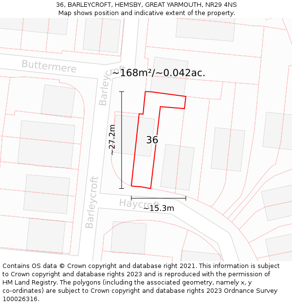 36, BARLEYCROFT, HEMSBY, GREAT YARMOUTH, NR29 4NS: Plot and title map