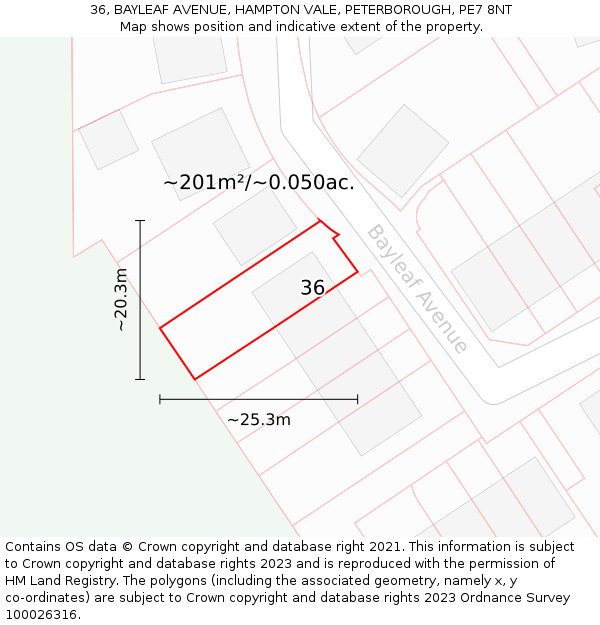 36, BAYLEAF AVENUE, HAMPTON VALE, PETERBOROUGH, PE7 8NT: Plot and title map