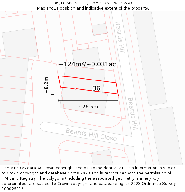 36, BEARDS HILL, HAMPTON, TW12 2AQ: Plot and title map