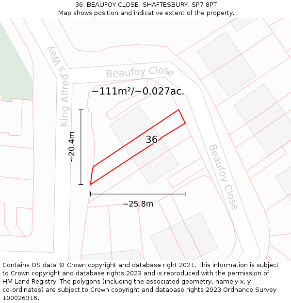 36, BEAUFOY CLOSE, SHAFTESBURY, SP7 8PT: Plot and title map