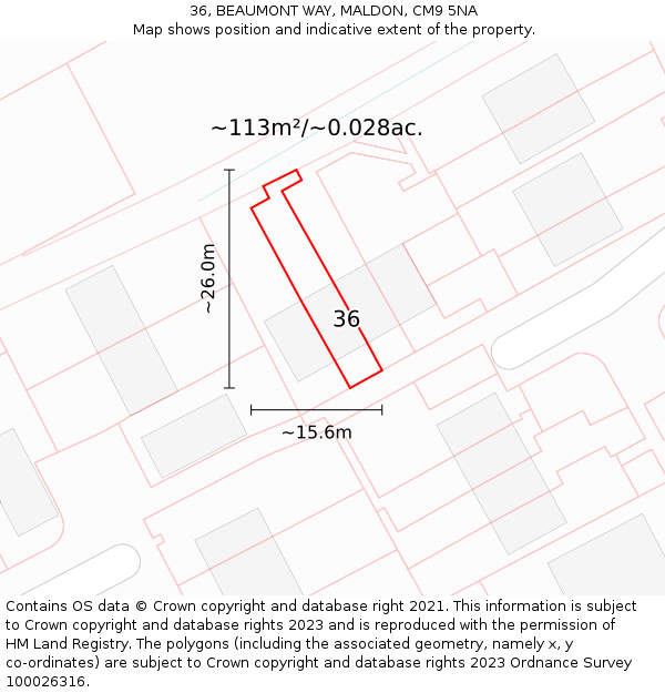 36, BEAUMONT WAY, MALDON, CM9 5NA: Plot and title map