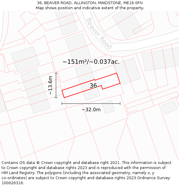 36, BEAVER ROAD, ALLINGTON, MAIDSTONE, ME16 0FN: Plot and title map