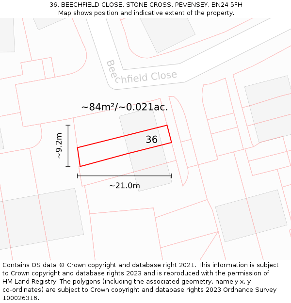36, BEECHFIELD CLOSE, STONE CROSS, PEVENSEY, BN24 5FH: Plot and title map