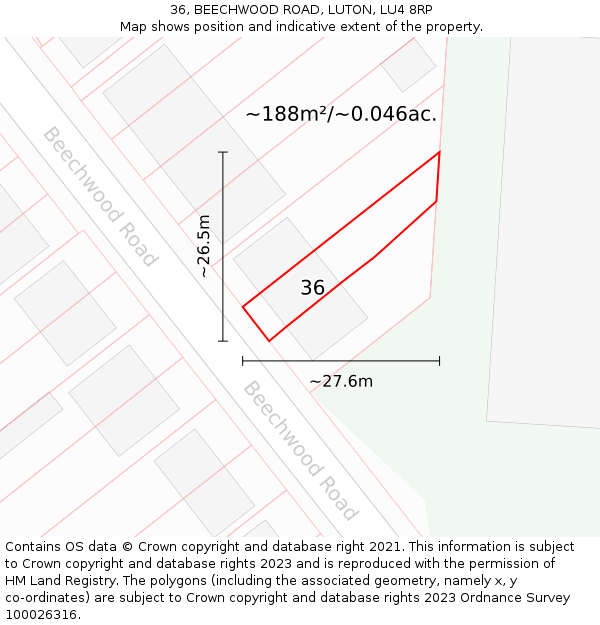 36, BEECHWOOD ROAD, LUTON, LU4 8RP: Plot and title map