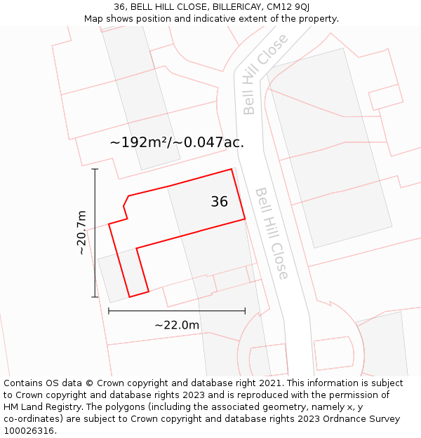 36, BELL HILL CLOSE, BILLERICAY, CM12 9QJ: Plot and title map