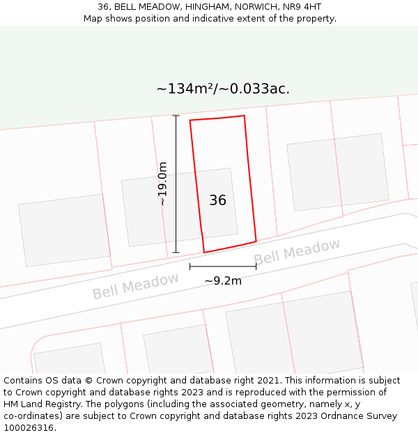 36, BELL MEADOW, HINGHAM, NORWICH, NR9 4HT: Plot and title map