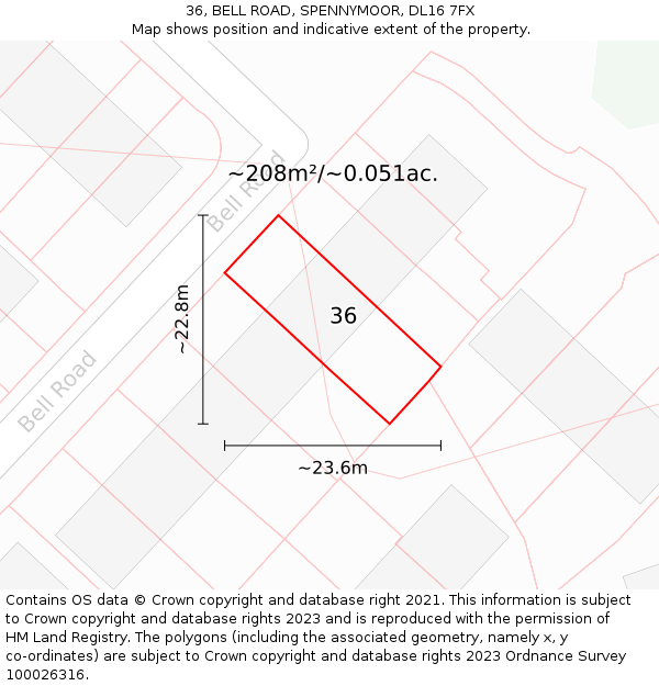 36, BELL ROAD, SPENNYMOOR, DL16 7FX: Plot and title map