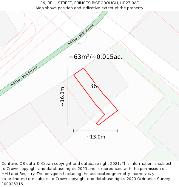 36, BELL STREET, PRINCES RISBOROUGH, HP27 0AD: Plot and title map