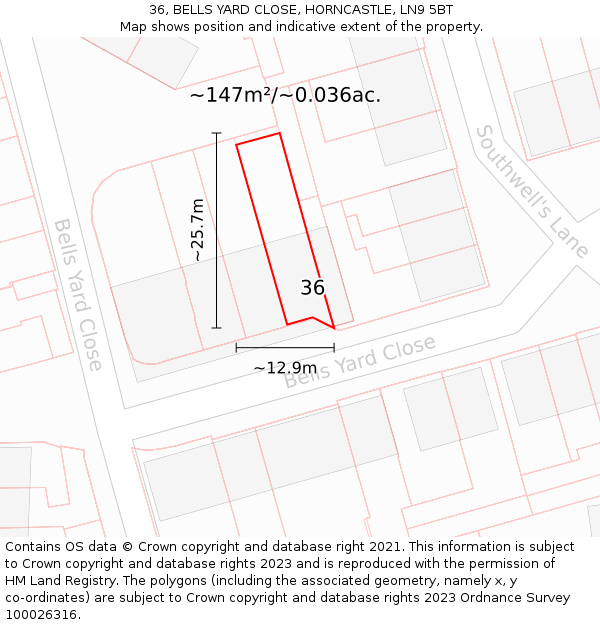 36, BELLS YARD CLOSE, HORNCASTLE, LN9 5BT: Plot and title map