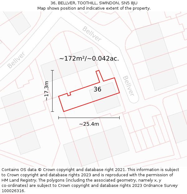36, BELLVER, TOOTHILL, SWINDON, SN5 8JU: Plot and title map