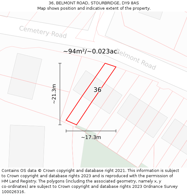 36, BELMONT ROAD, STOURBRIDGE, DY9 8AS: Plot and title map