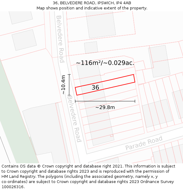 36, BELVEDERE ROAD, IPSWICH, IP4 4AB: Plot and title map