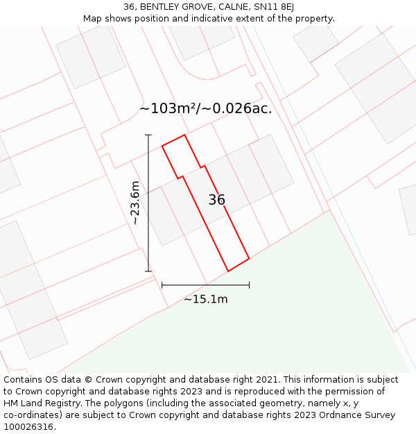 36, BENTLEY GROVE, CALNE, SN11 8EJ: Plot and title map