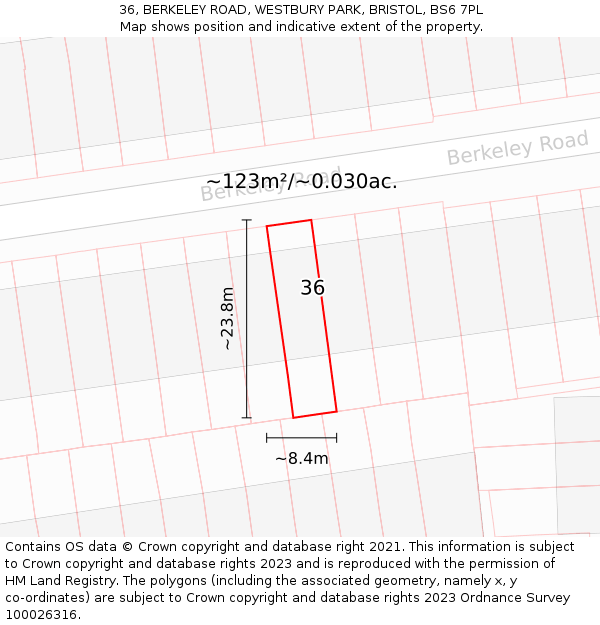 36, BERKELEY ROAD, WESTBURY PARK, BRISTOL, BS6 7PL: Plot and title map