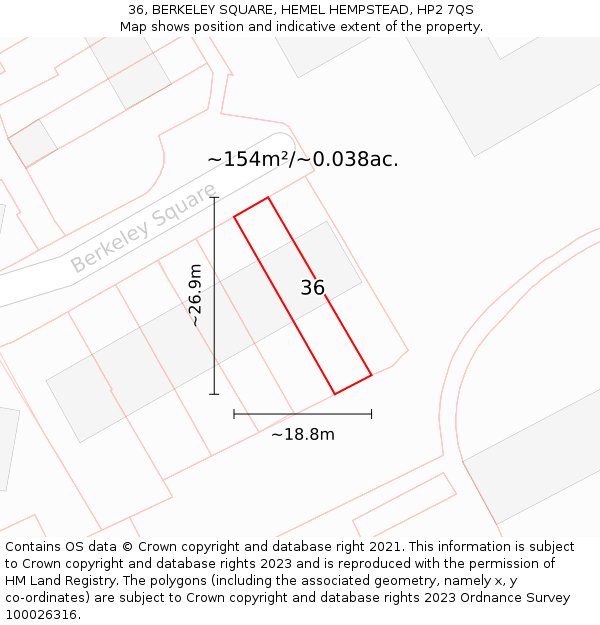36, BERKELEY SQUARE, HEMEL HEMPSTEAD, HP2 7QS: Plot and title map