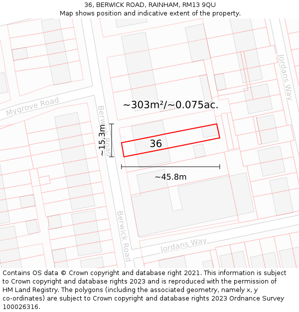36, BERWICK ROAD, RAINHAM, RM13 9QU: Plot and title map