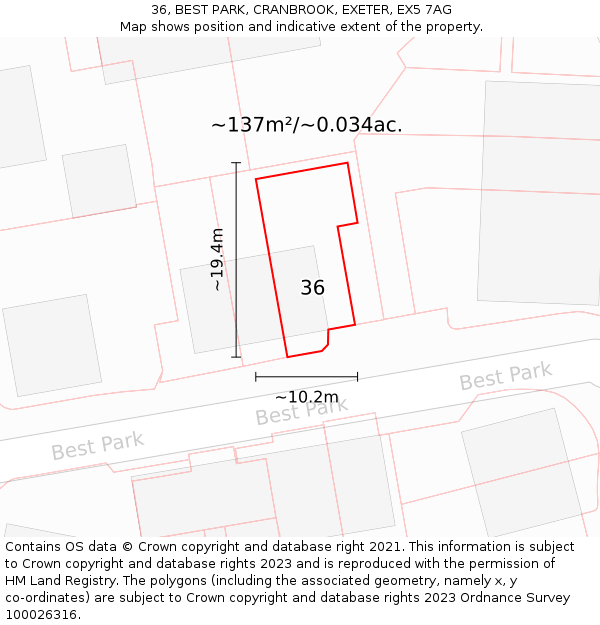 36, BEST PARK, CRANBROOK, EXETER, EX5 7AG: Plot and title map