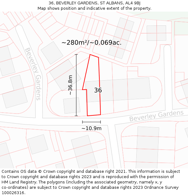 36, BEVERLEY GARDENS, ST ALBANS, AL4 9BJ: Plot and title map