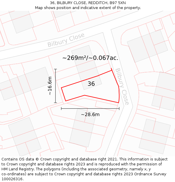 36, BILBURY CLOSE, REDDITCH, B97 5XN: Plot and title map
