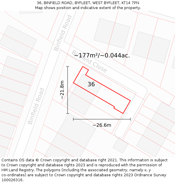 36, BINFIELD ROAD, BYFLEET, WEST BYFLEET, KT14 7PN: Plot and title map