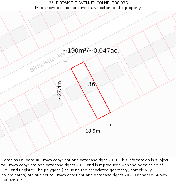 36, BIRTWISTLE AVENUE, COLNE, BB8 9RS: Plot and title map