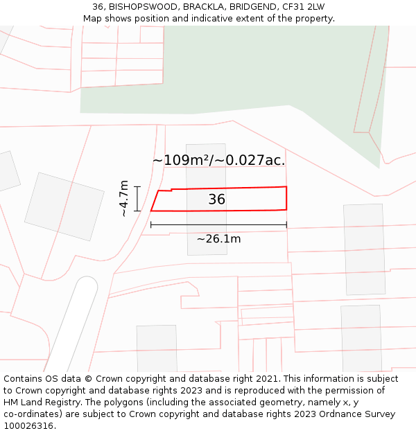36, BISHOPSWOOD, BRACKLA, BRIDGEND, CF31 2LW: Plot and title map