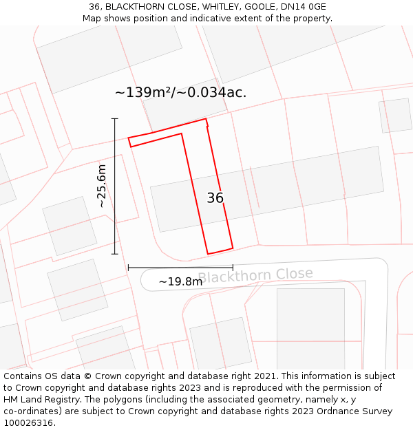 36, BLACKTHORN CLOSE, WHITLEY, GOOLE, DN14 0GE: Plot and title map