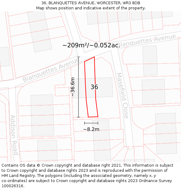 36, BLANQUETTES AVENUE, WORCESTER, WR3 8DB: Plot and title map