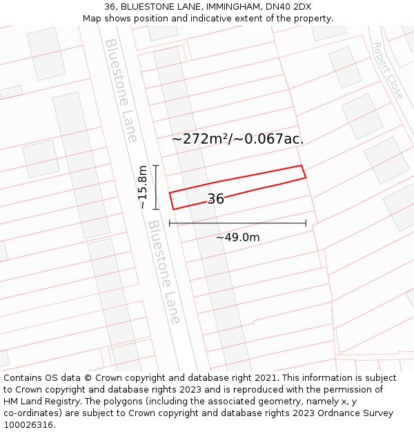 36, BLUESTONE LANE, IMMINGHAM, DN40 2DX: Plot and title map