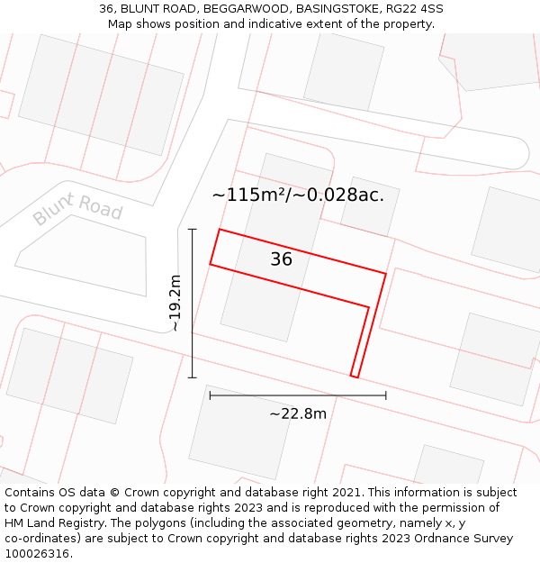 36, BLUNT ROAD, BEGGARWOOD, BASINGSTOKE, RG22 4SS: Plot and title map