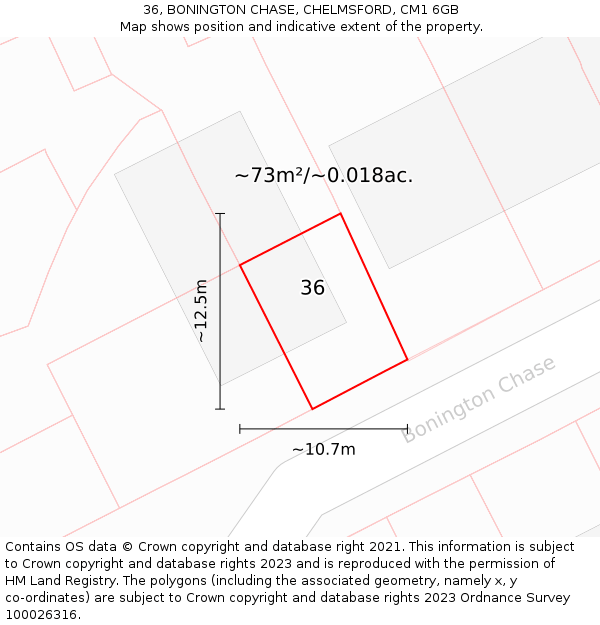 36, BONINGTON CHASE, CHELMSFORD, CM1 6GB: Plot and title map